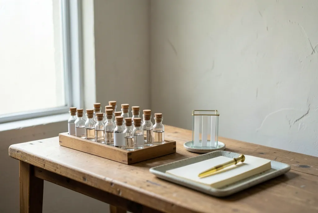 Perfumer blending table with unlabeled glass vials, blank smelling strips and a brass pipette in north light