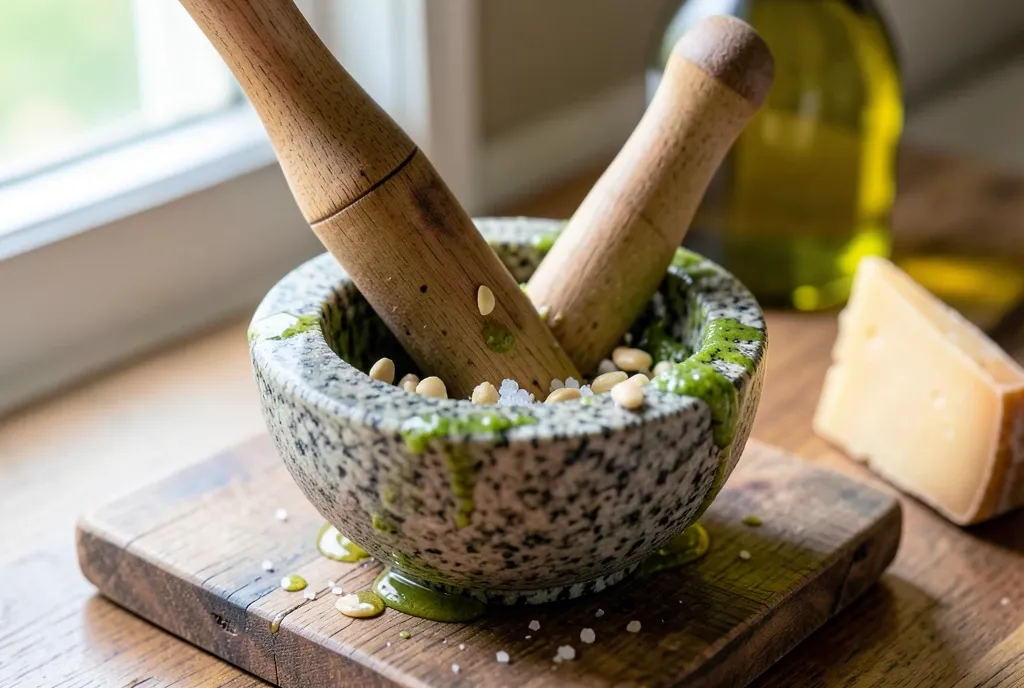 Basil, pine nuts and garlic being ground into pesto in a granite mortar.