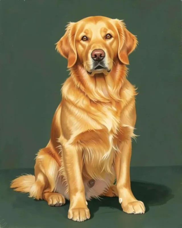 Golden retriever painted portrait in warm amber tones with a soft dark background