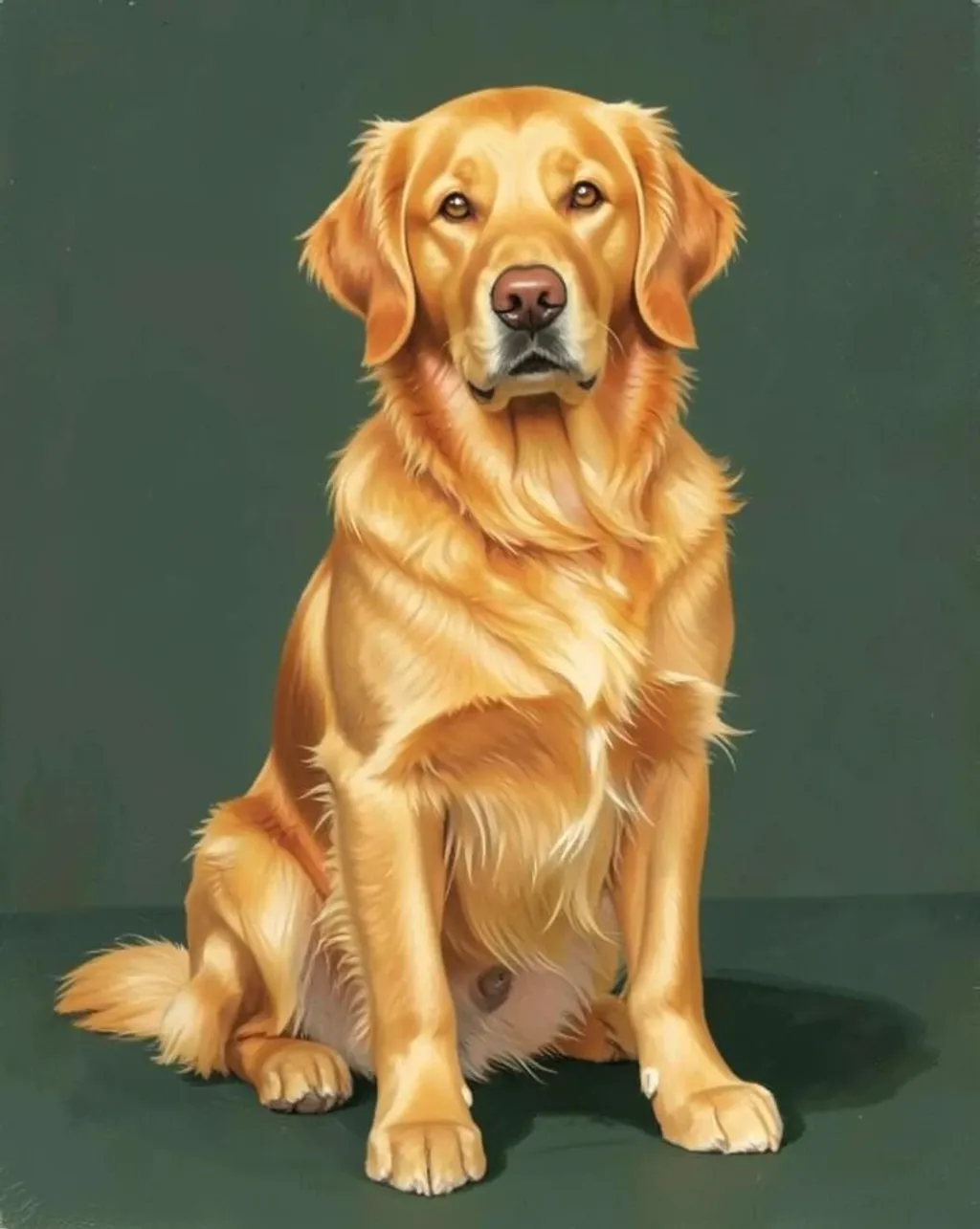 Golden retriever painted portrait in warm amber tones with a soft dark background