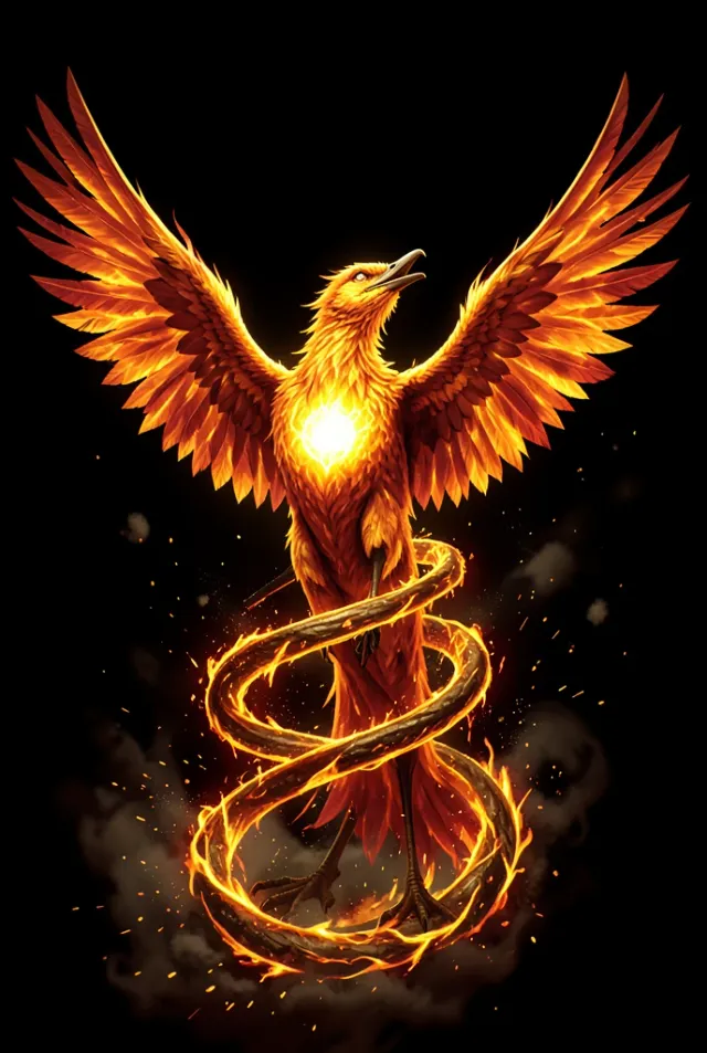 A phoenix rising through a golden ember spiral on black