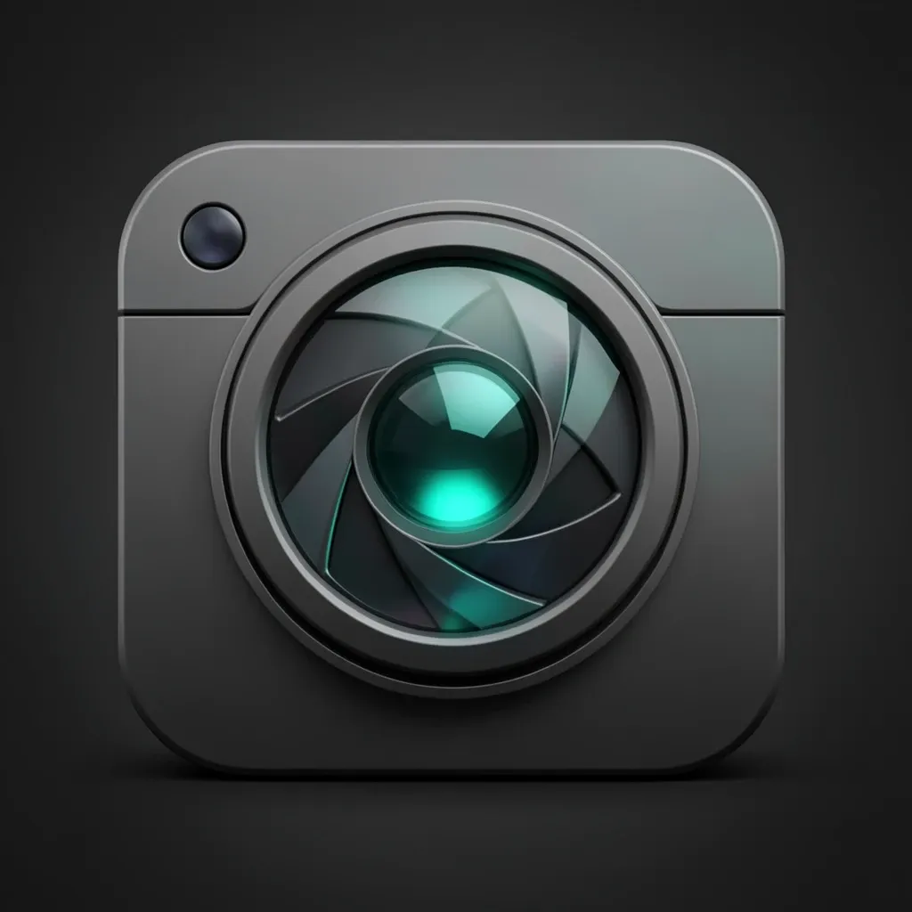 Photography app icon with stylized camera lens aperture blades and teal reflection on charcoal background