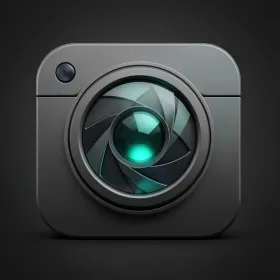 Photography app icon with stylized camera lens aperture blades and teal reflection on charcoal background