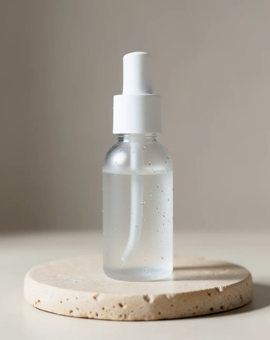 Photoreal skincare bottle product shot with soft studio light and neutral backdrop