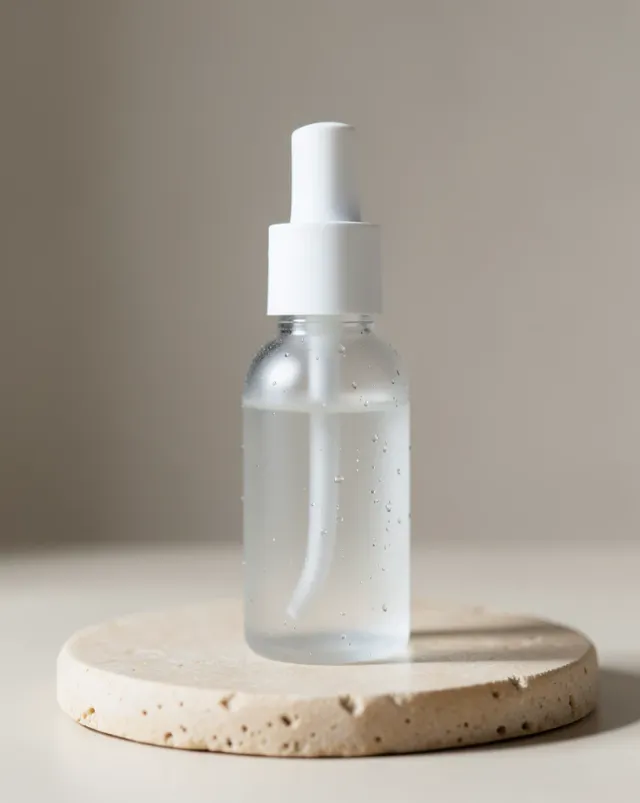 Photoreal skincare bottle product shot with soft studio light and neutral backdrop