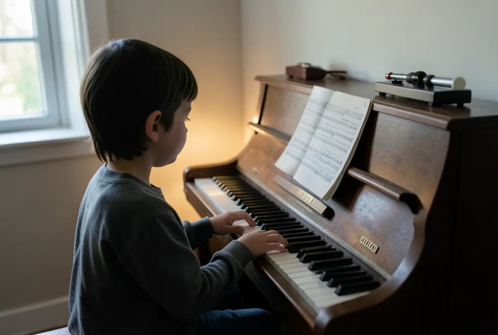 A child at an upright piano with sheet music and a metronome, soft window light.