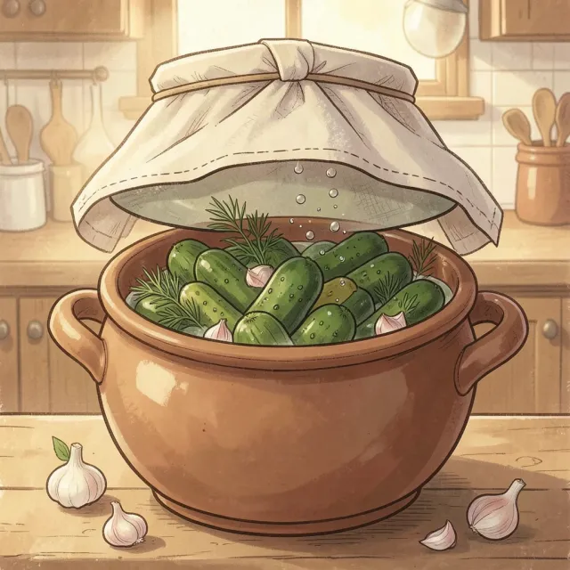Storybook illustration of a crock of cucumbers fermenting under brine with a cloth cover