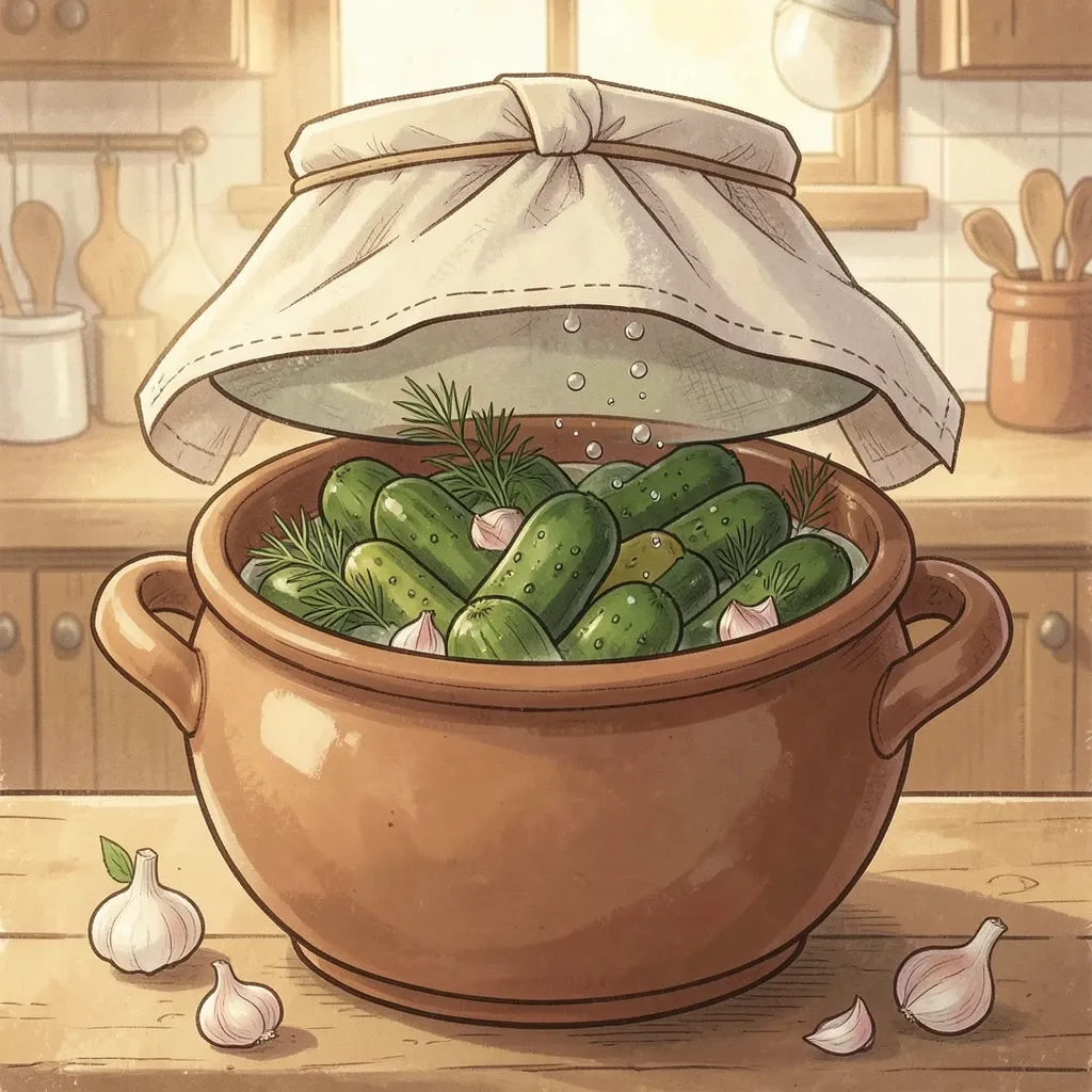 Storybook illustration of a crock of cucumbers fermenting under brine with a cloth cover