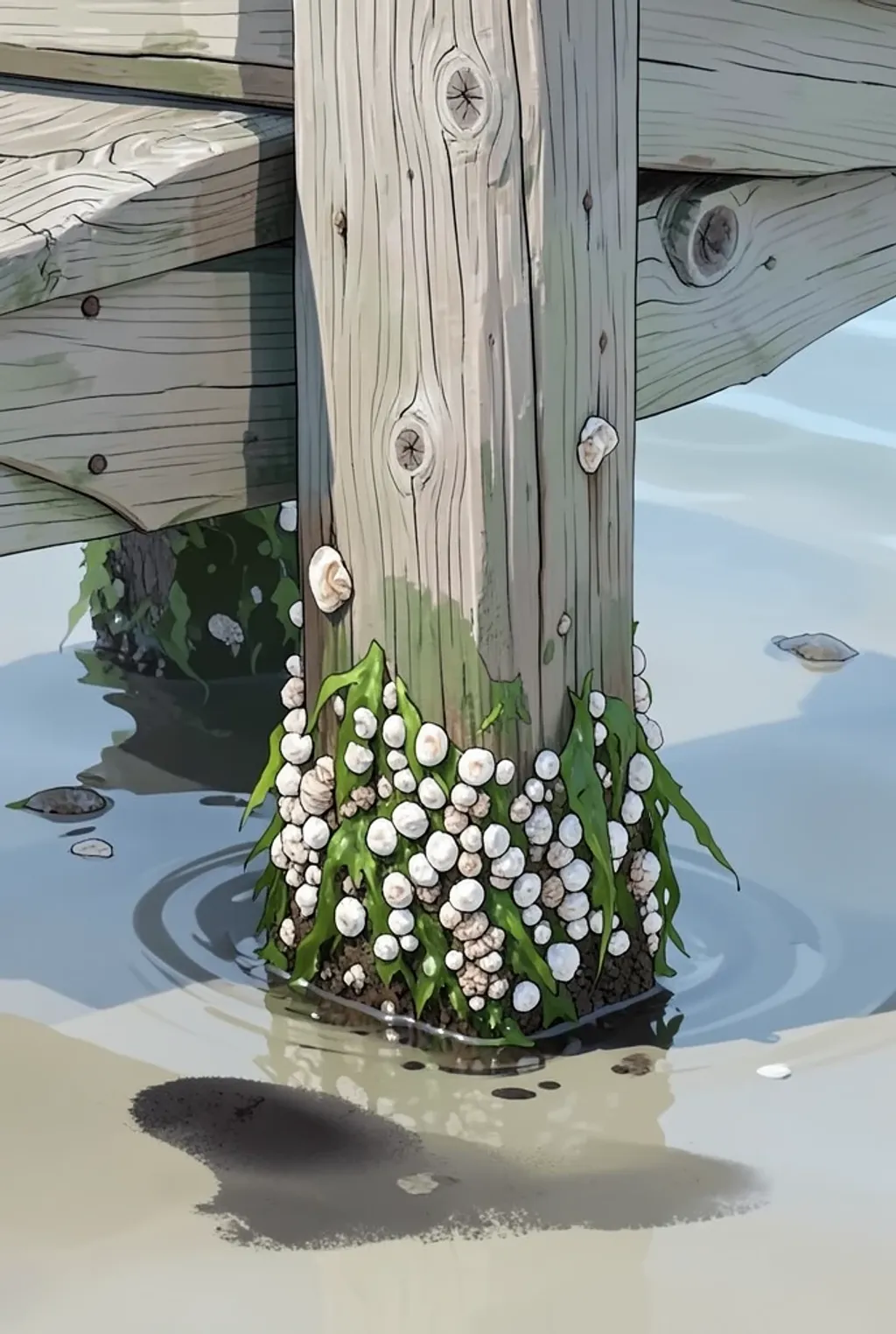 A weathered pier piling at low tide, its base encrusted with barnacles and seaweed.