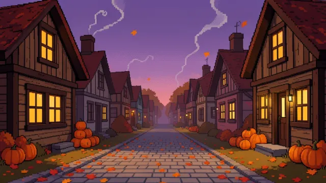 A pixel art autumn village lane at dusk with falling leaves