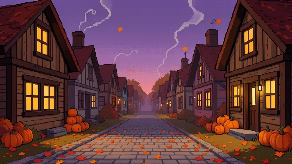 A pixel art autumn village lane at dusk with falling leaves