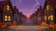 A pixel art autumn village lane at dusk with falling leaves