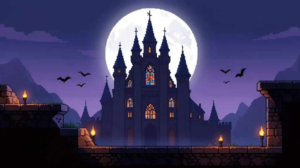 16-bit pixel art gothic castle at night under a full moon with torches, bats, and layered platforms