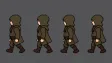 A pixel art four-frame walk cycle sprite row of a hooded adventurer