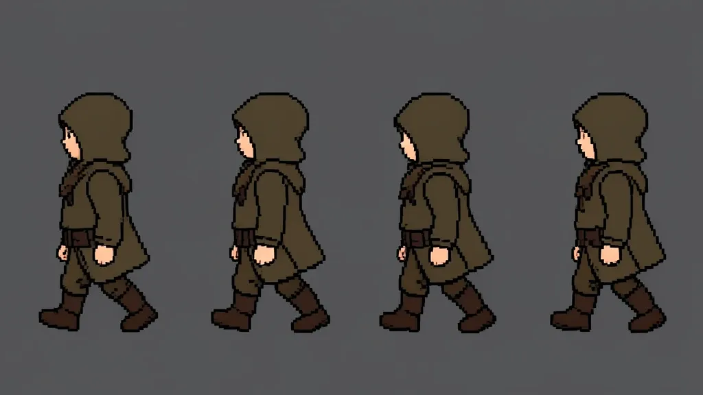 A pixel art four-frame walk cycle sprite row of a hooded adventurer