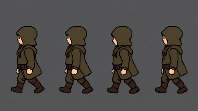 A pixel art four-frame walk cycle sprite row of a hooded adventurer