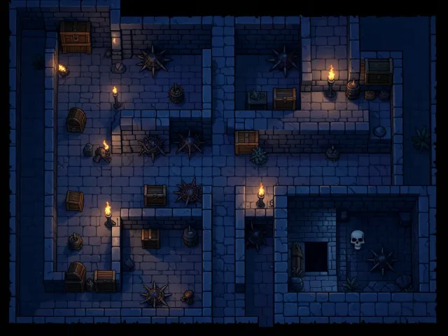 A top-down 16-bit pixel dungeon map with stone corridors, torches, treasure chests, and a skull-marked boss room