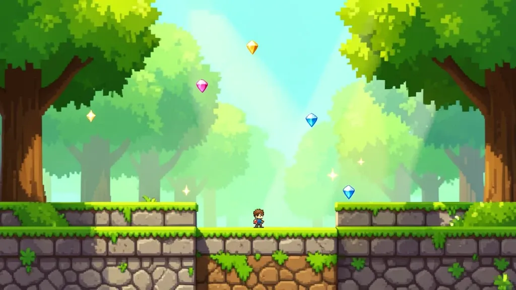 Bright 16-bit pixel art forest platformer with layered trees, grassy platforms, gems, and a hero sprite