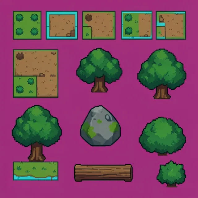 Pixel art forest tileset sheet with grass, path, water and tree tiles on a flat magenta grid
