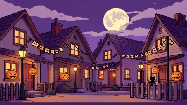 A cozy pixel art Halloween street with smiling jack-o-lanterns