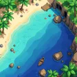 A top-down pixel art tropical island cove scene — AI-generated example render