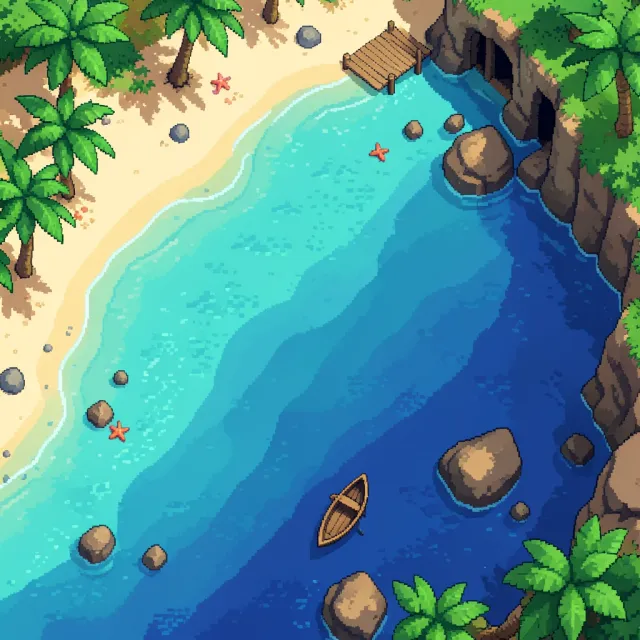 A top-down pixel art tropical island cove scene — AI-generated example render