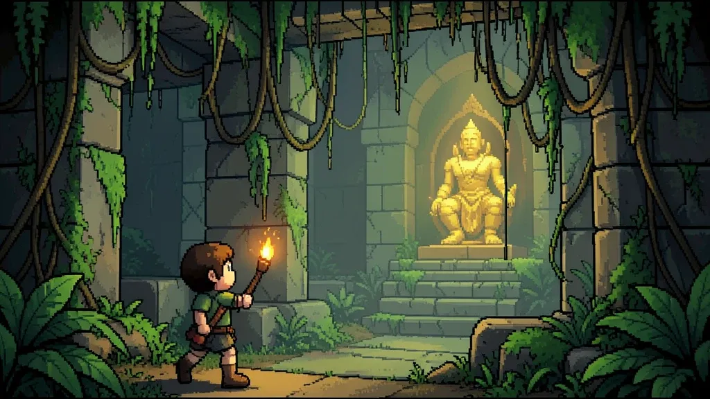 Pixel art jungle temple explorer with torch, vines, and ancient ruins