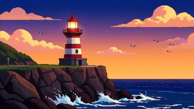 16-bit pixel-art lighthouse on a rocky cliff at sunset with pixelated waves, seagulls and a warm orange sky