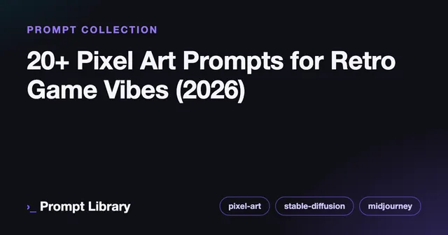 Branded cover card for the prompt collection “20+ Pixel Art Prompts for Retro Game Vibes (2026)”, dark theme with iris accent