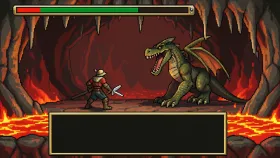 Pixel art RPG battle scene with a warrior facing a dragon in a volcanic cavern in red grey gold and green
