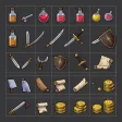 A pixel art RPG item sheet of potions and swords on a dark grid