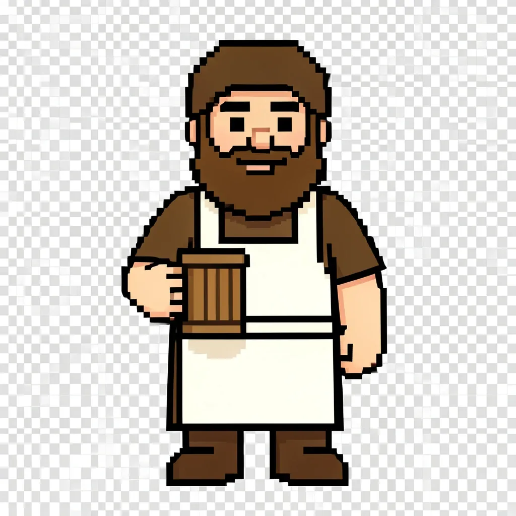 Pixel art RPG tavern character with apron, tankard, and beard