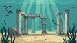 Pixel art sunken temple ruins with dithered light shafts and fish