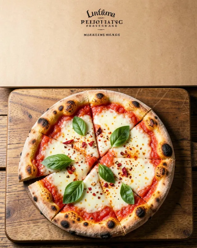 Overhead flat lay of a whole pizza with one cheesy slice lifted on a wood board, basil, chili and blank menu space