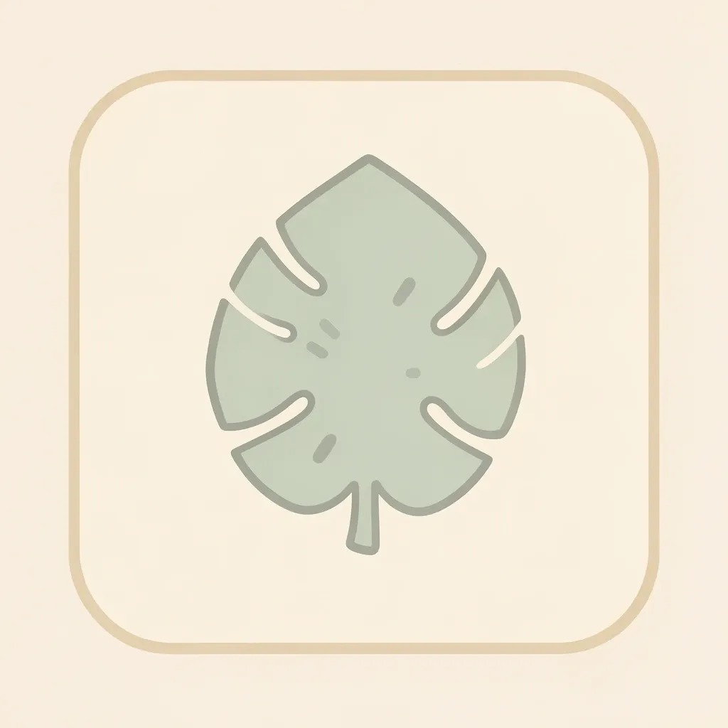 A flat sage-green monstera leaf icon centred on a warm cream rounded square