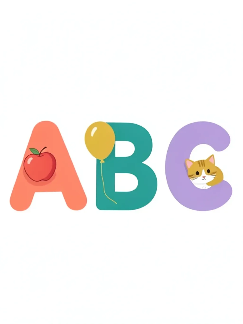 Playful A B C letters poster with apple, balloon and cat decorations in coral, teal, mustard and lavender