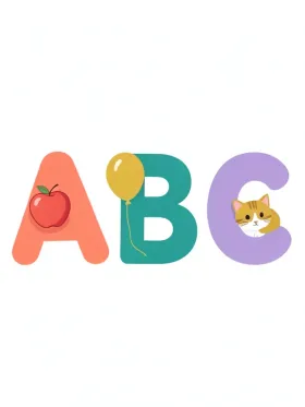 Playful A B C letters poster with apple, balloon and cat decorations in coral, teal, mustard and lavender