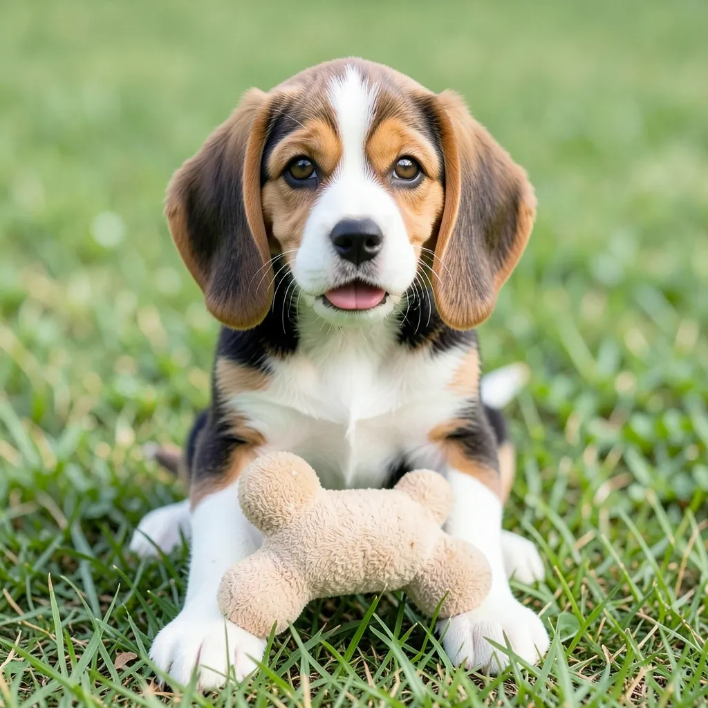 Tri-color beagle puppy with floppy ears and plush bone toy between its front paws on green grass