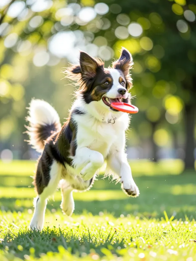 Playful border collie mid-leap catching a frisbee in a sunlit park with motion blur