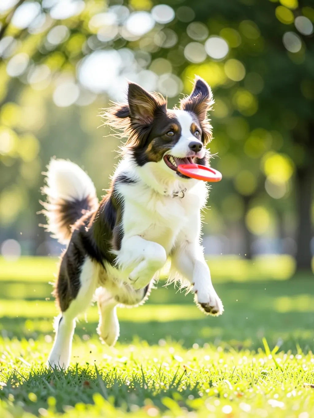 Playful border collie mid-leap catching a frisbee in a sunlit park with motion blur