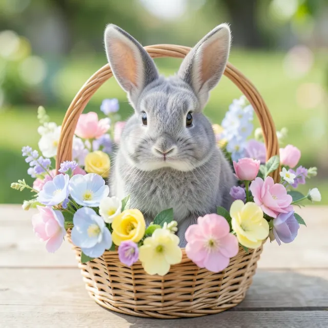 Fluffy grey bunny sitting inside a wicker basket surrounded by pastel spring flowers