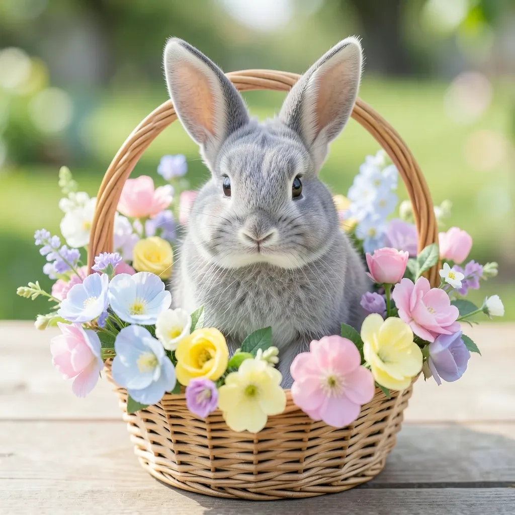 Fluffy grey bunny sitting inside a wicker basket surrounded by pastel spring flowers