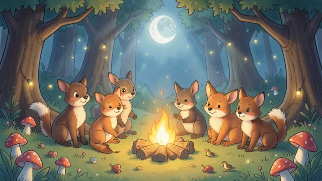 Friendly woodland animals around a glowing campfire in a soft storybook moonlit forest