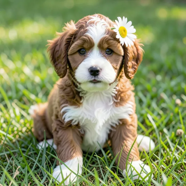 Curly-haired cockapoo puppy sitting in green grass with a daisy tucked behind one ear