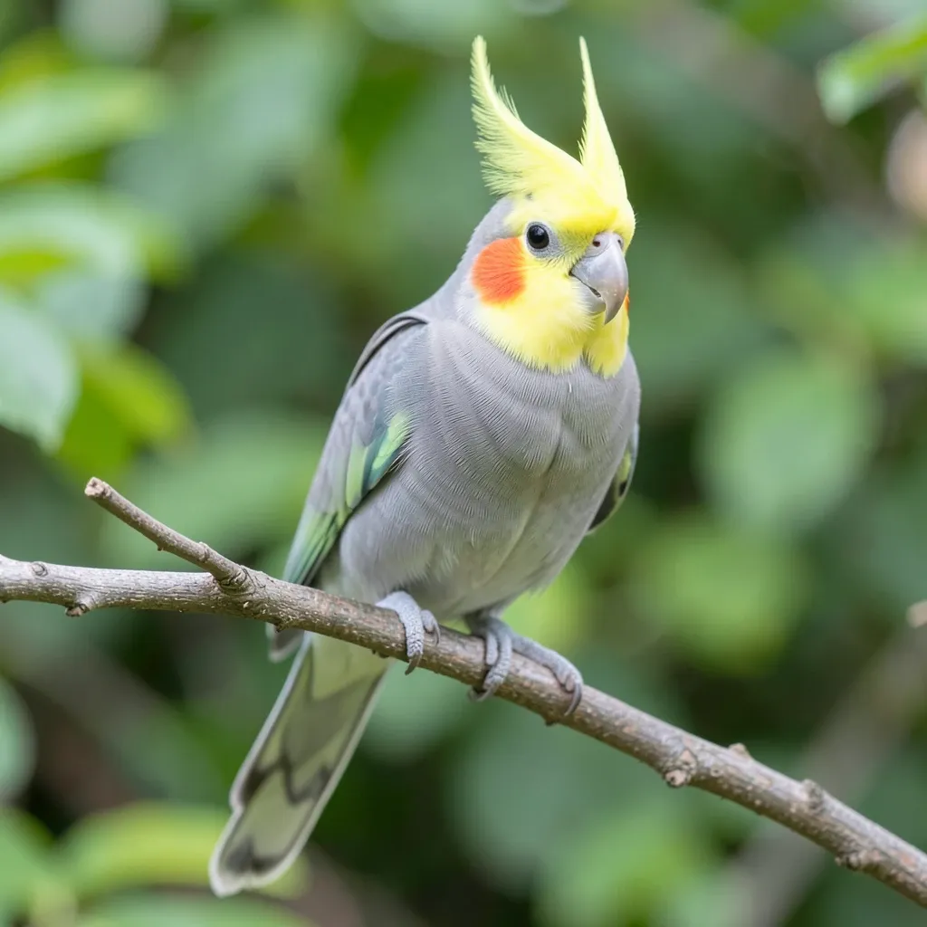 Grey and yellow cockatiel with raised crest and orange cheek patches perched on a thin branch