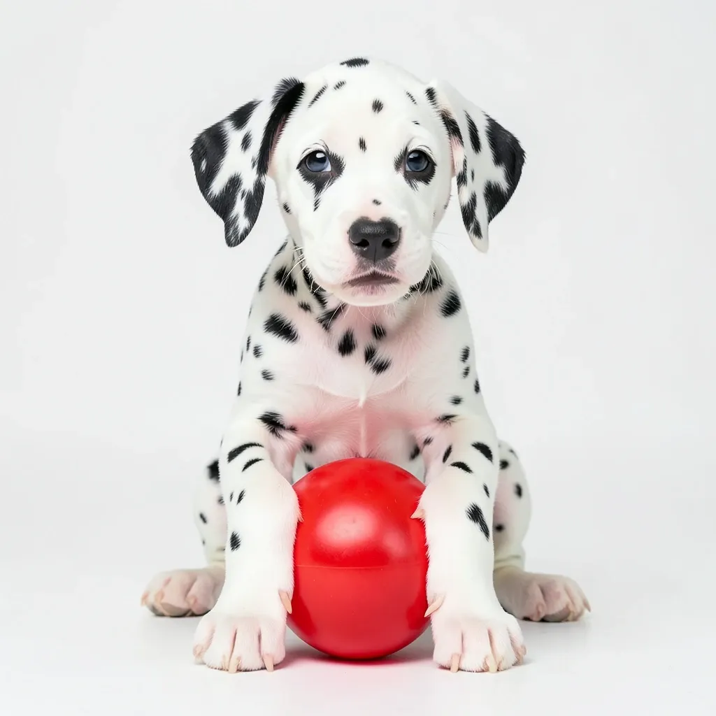 Spotted dalmatian puppy sitting with a red ball between its front paws and head tilted