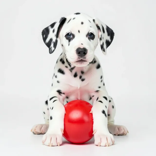Spotted dalmatian puppy sitting with a red ball between its front paws and head tilted
