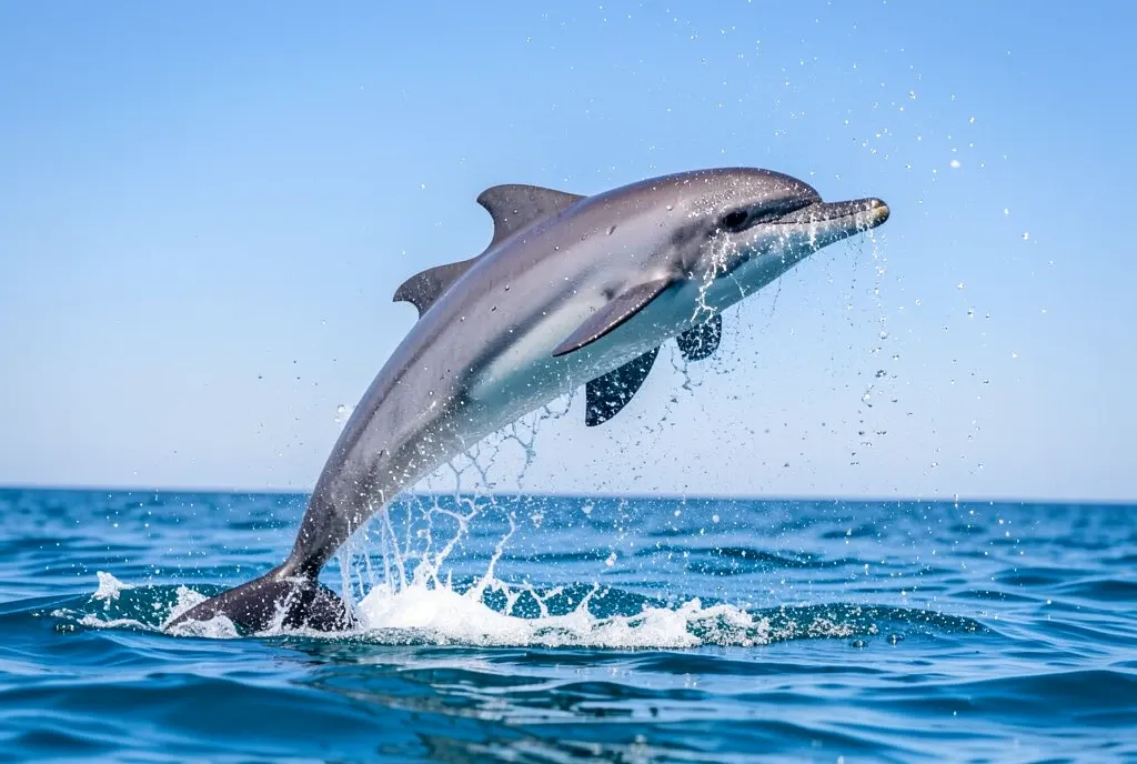 Bottlenose dolphin arcing out of bright blue ocean water with frozen droplets and clear sky