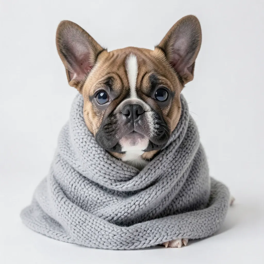 Small french bulldog puppy wrapped in a soft grey knit blanket with one ear popped out
