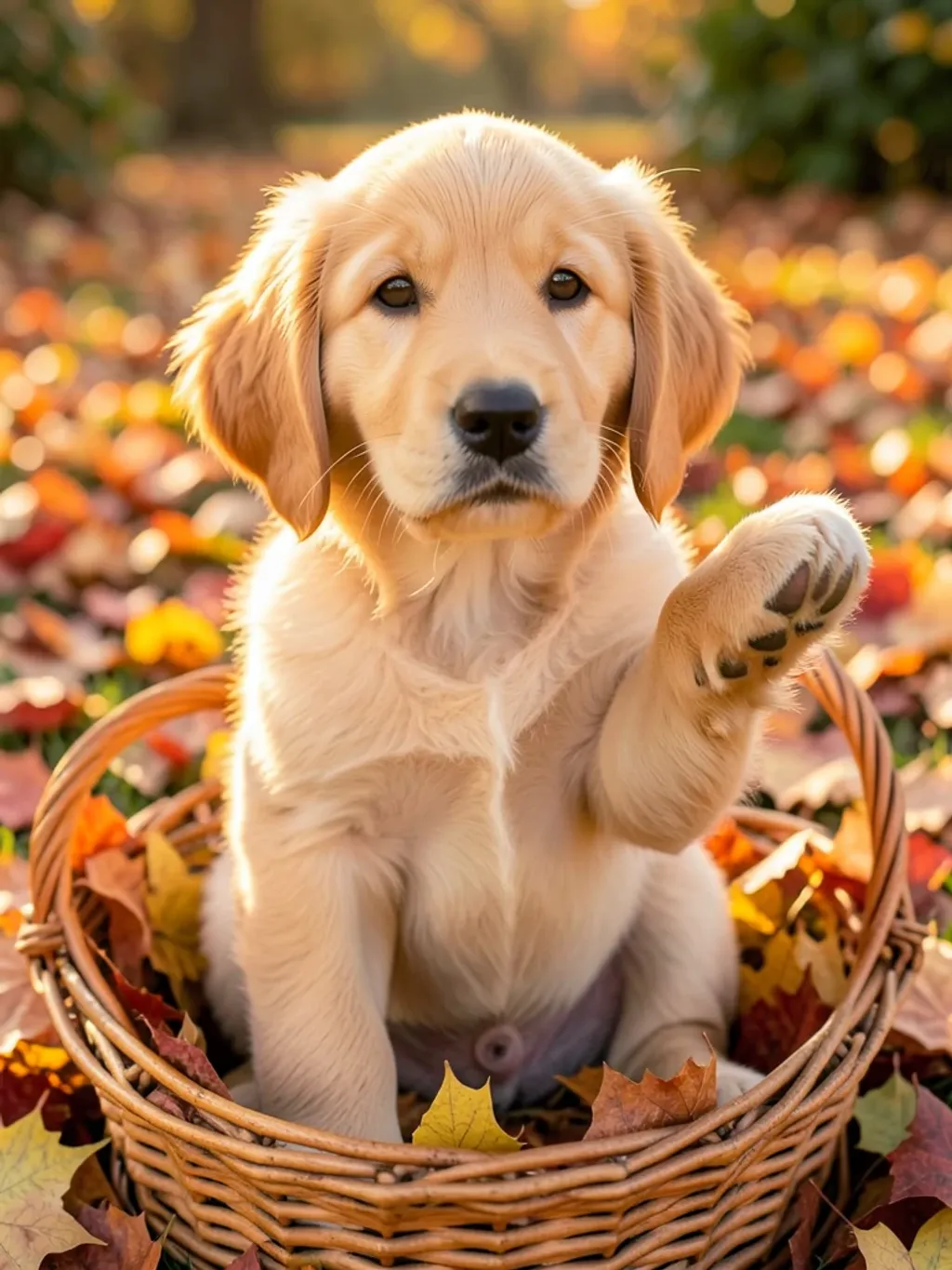 Playful golden retriever puppy with floppy ears sitting in a basket of autumn leaves, one paw raised